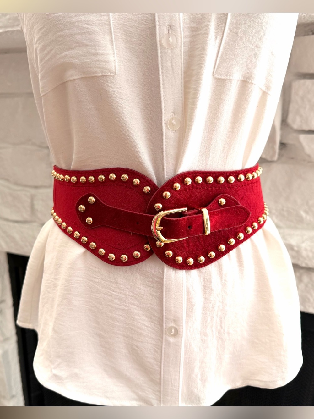 Red Velvet Gold Studded Stretch Waist Belt Statement Cinch 26–31”